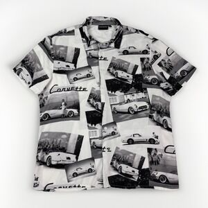 Corvette Graphic Button Up Shirt Chemistry Mens XL Black White Vintage Car Print